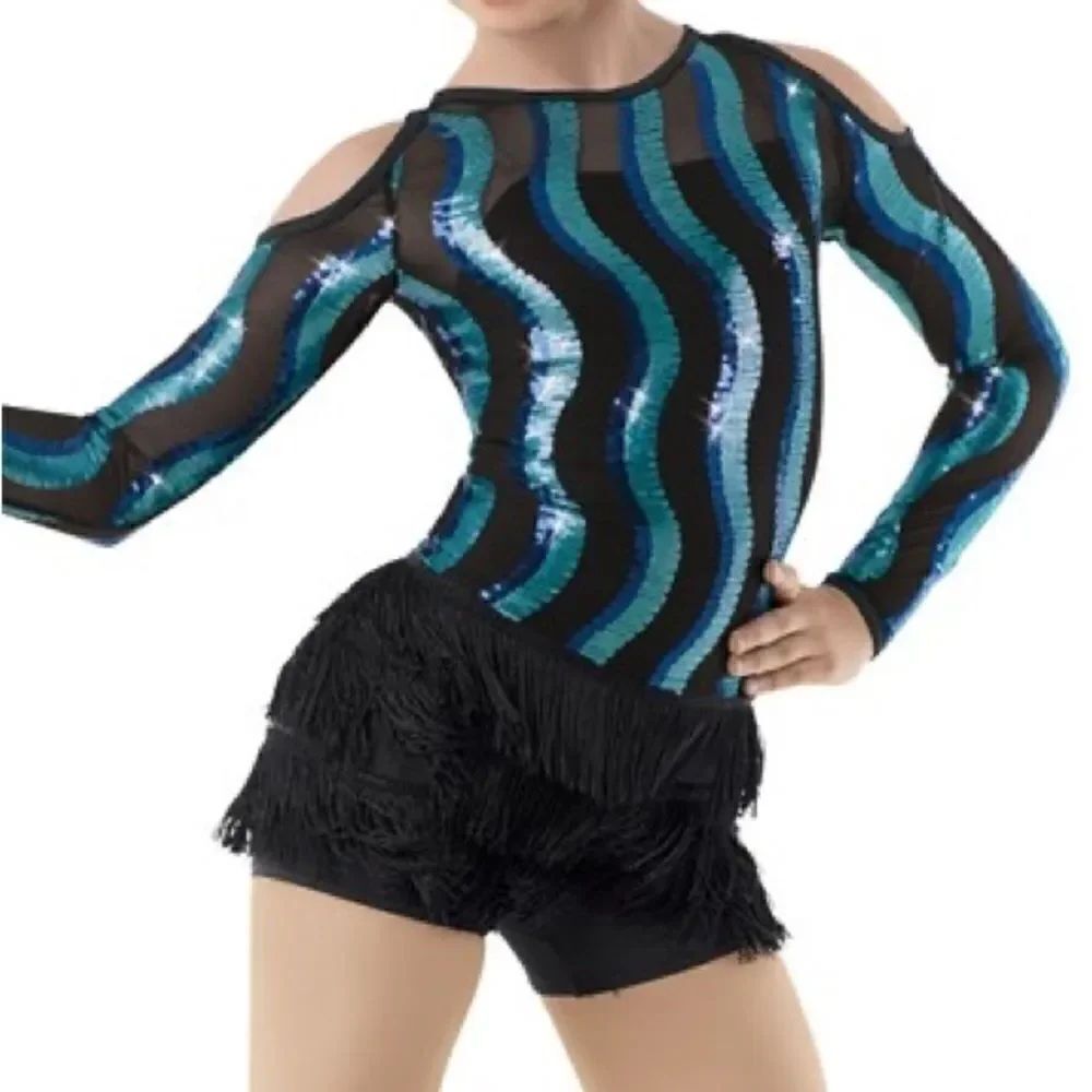 Weissman Dance costume fringe sequin blue Move Your Feet 10368 -child IC 7/8